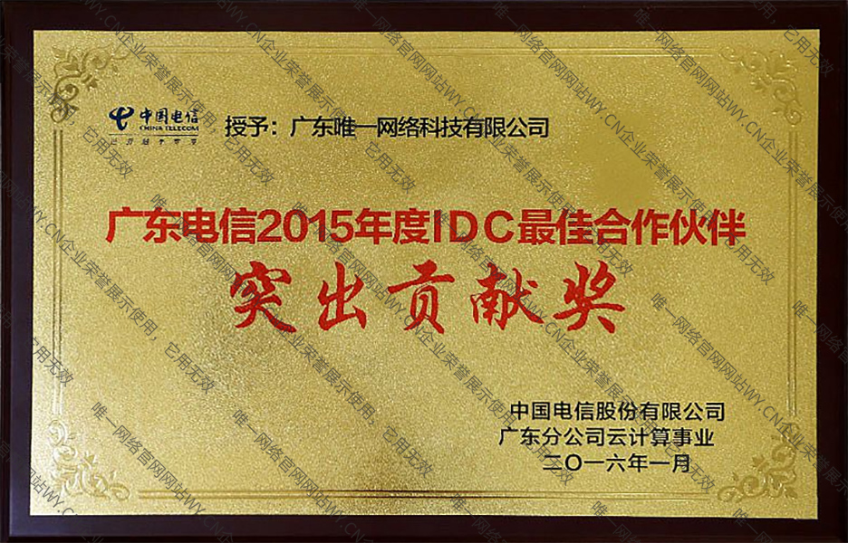 廣東電信2016年度IDC優秀合作伙伴獎